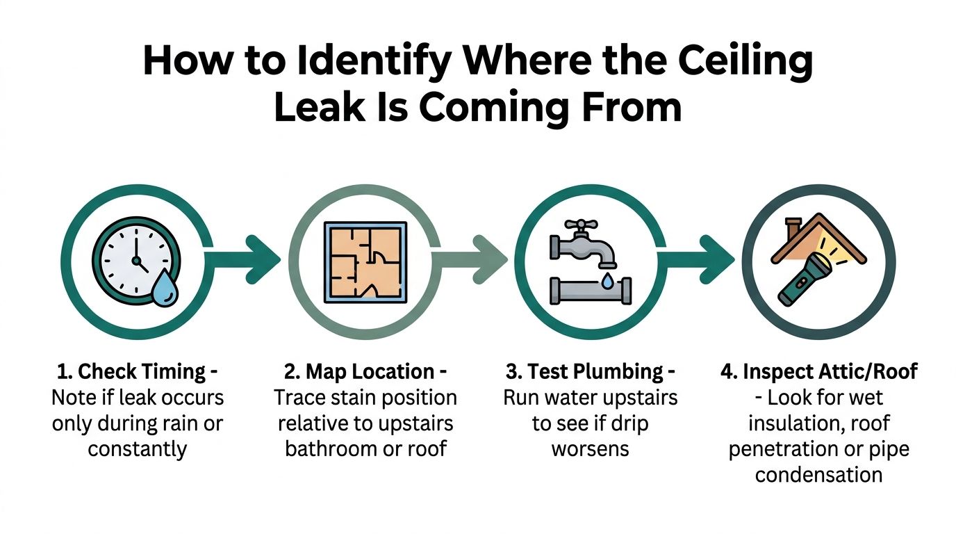 A four-step infographic illustrating how to identify the source of a ceiling water leak.
