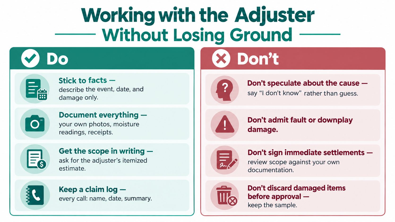 A checklist infographic titled Working with the Adjuster, illustrating do's and don'ts for handling insurance claims effectively.