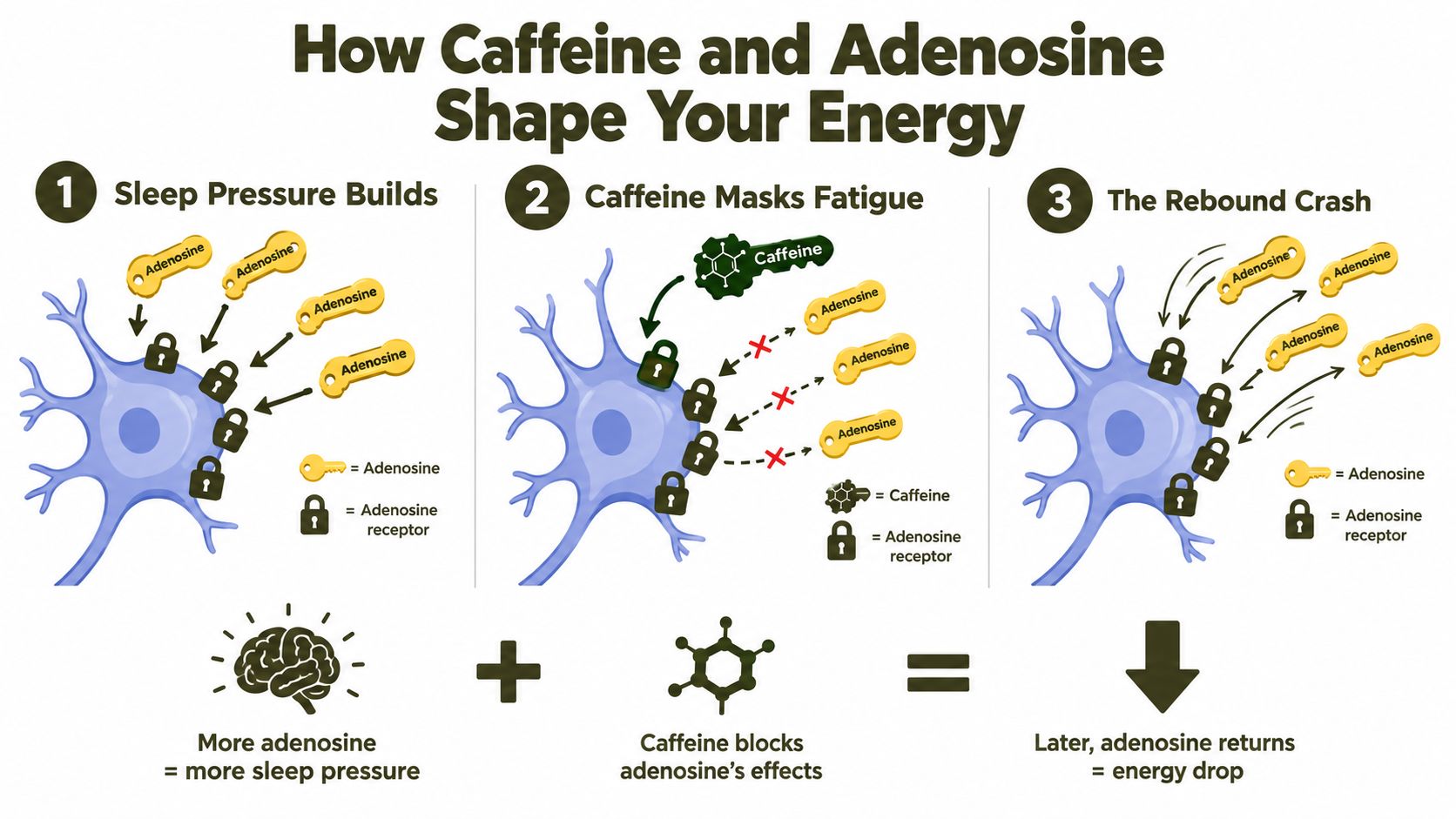 A diagram explaining how caffeine blocks adenosine receptors to temporarily mask fatigue before a later energy crash.