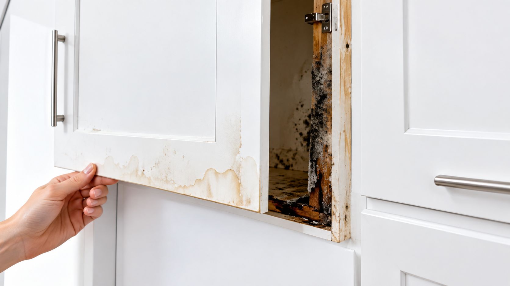 A hand opens a kitchen cabinet door revealing significant mold growth and severe water damage inside