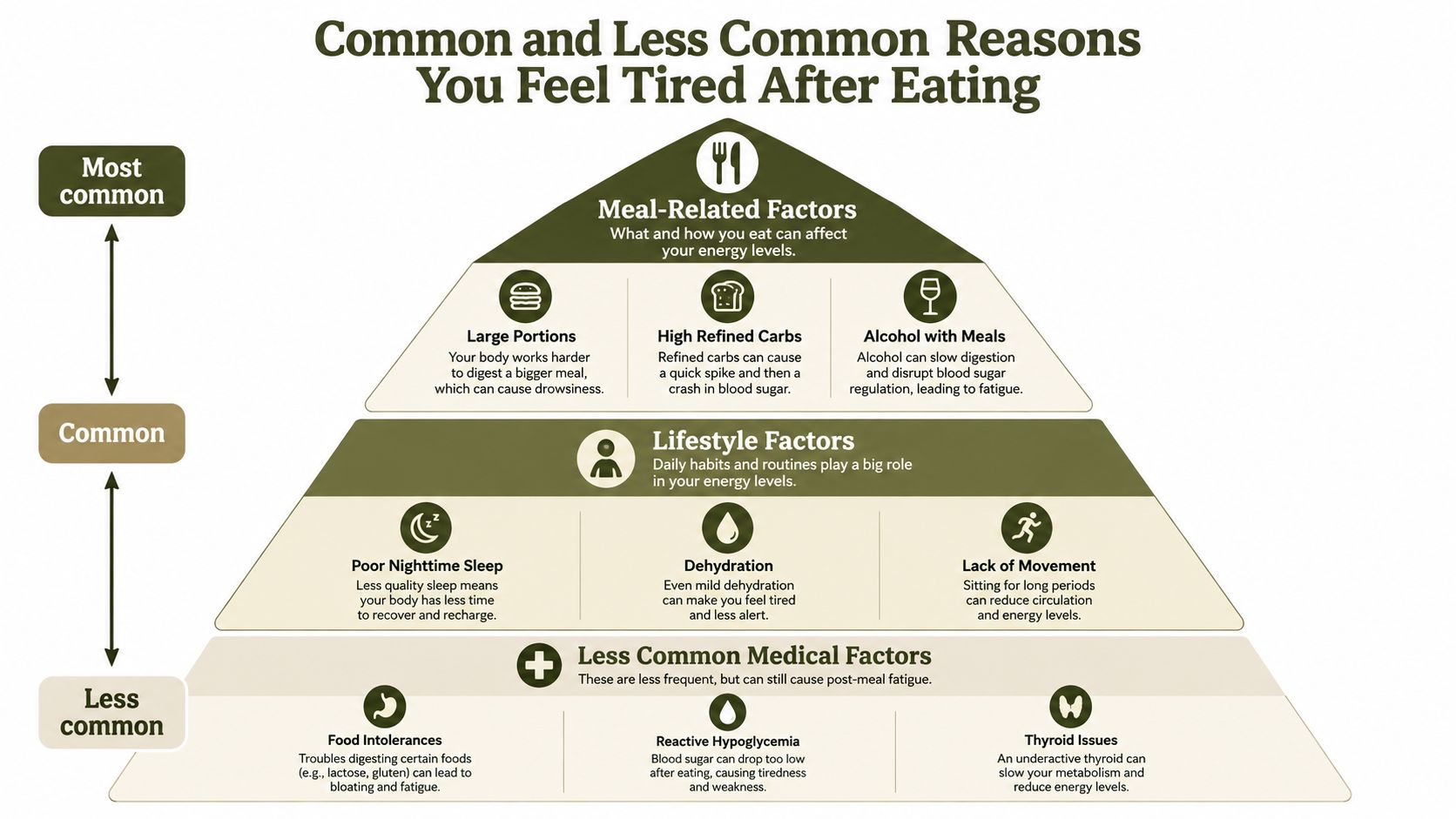 A pyramid chart illustrating common and less common reasons for feeling tired after eating a meal.