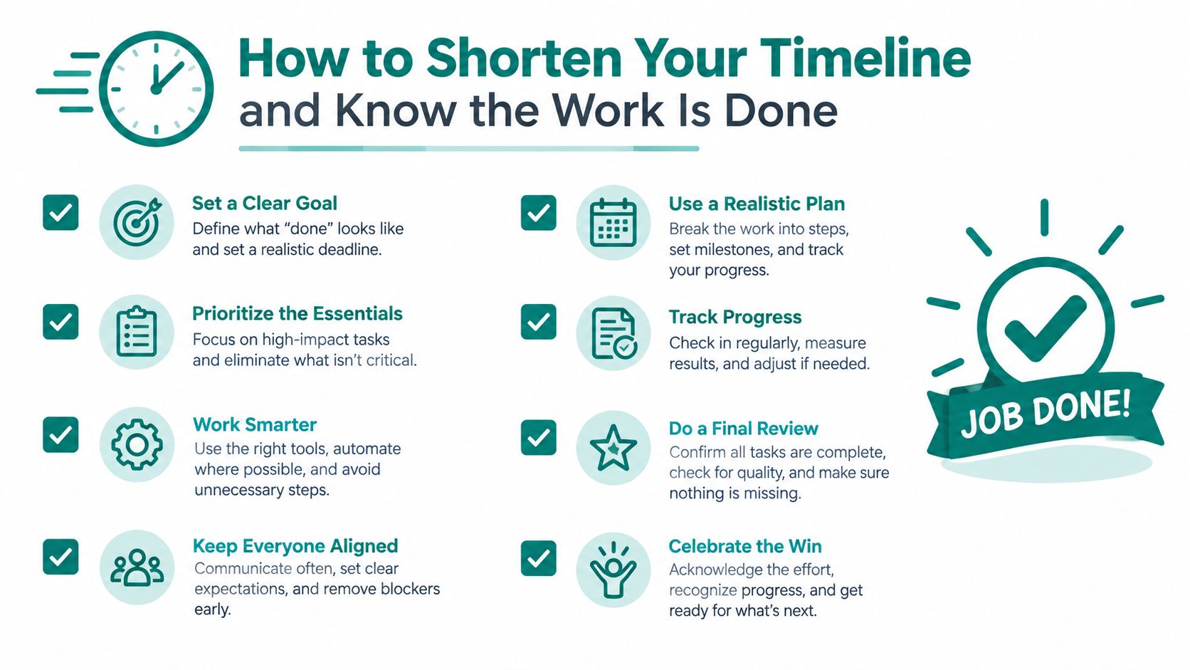 An infographic titled How to Shorten Your Timeline with eight steps for efficient project completion.