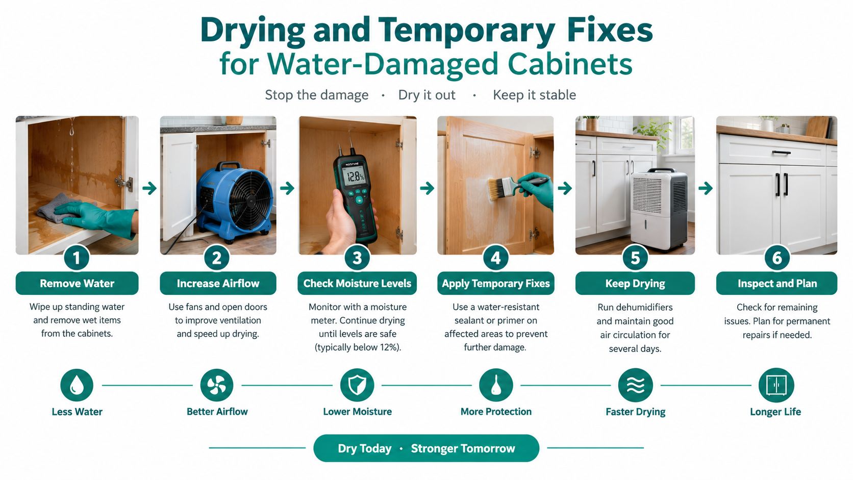 A six-step infographic showing how to dry out and fix water-damaged kitchen cabinets properly.