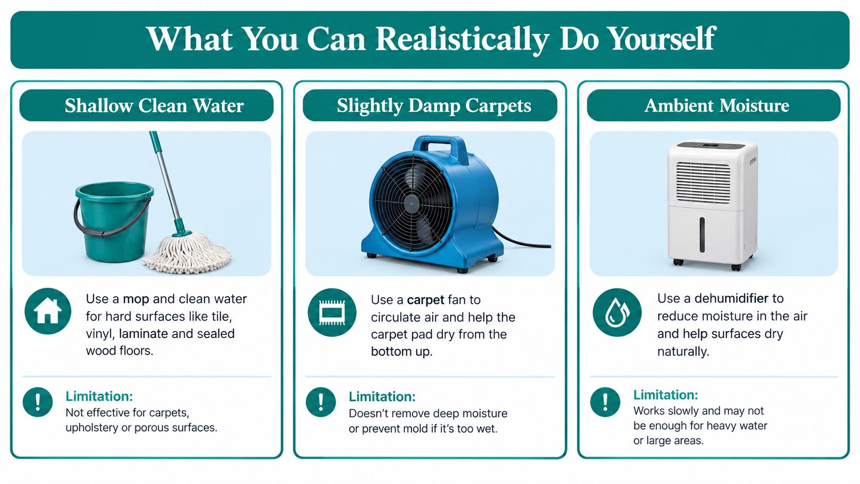 A guide illustrating how to handle water damage using a mop, carpet fan, and dehumidifier.