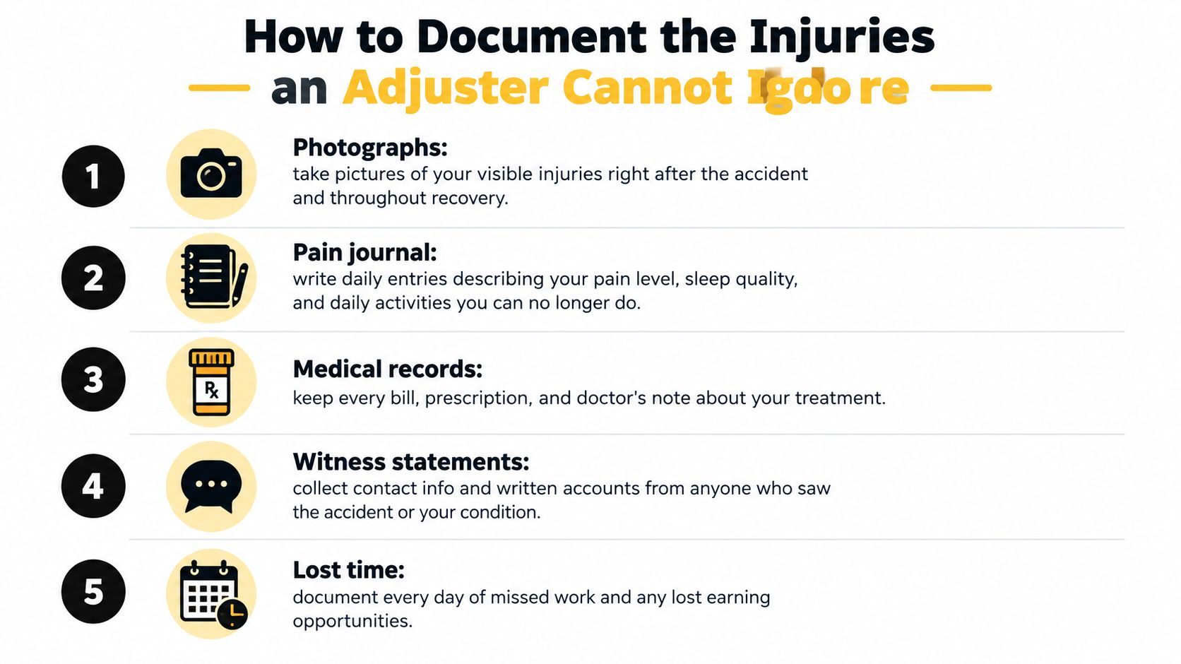 A five-step checklist illustrating how to document injuries for an insurance adjuster after an accident.