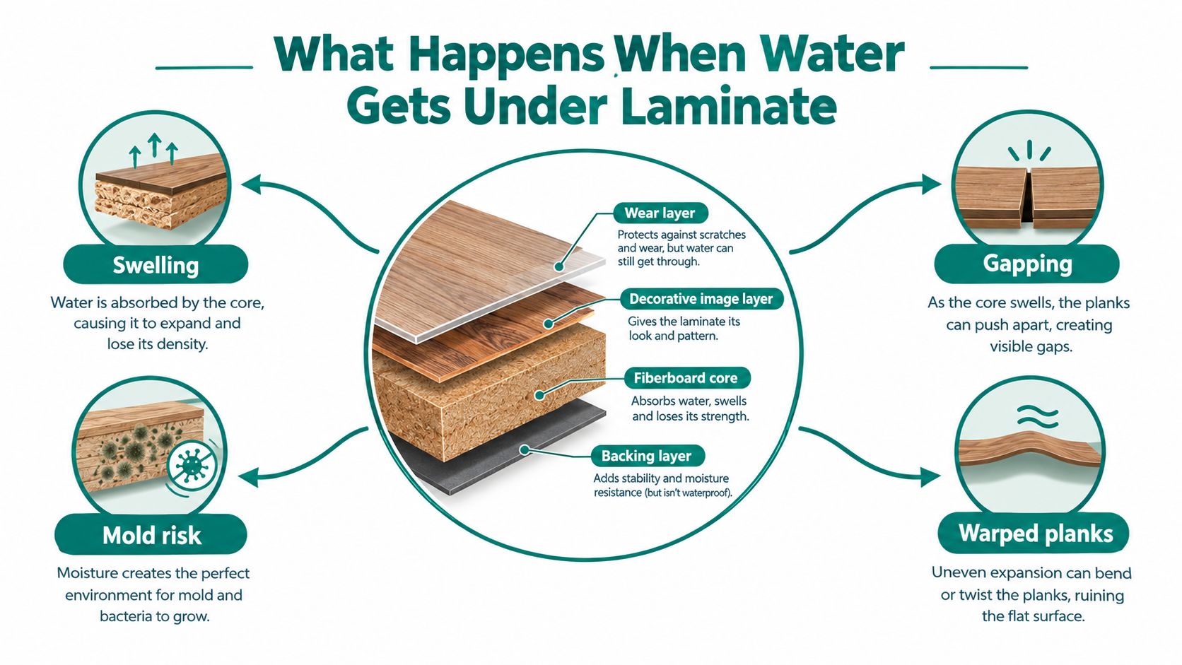An infographic detailing the four main consequences of water getting under laminate flooring: swelling, mold, gapping, and warping.
