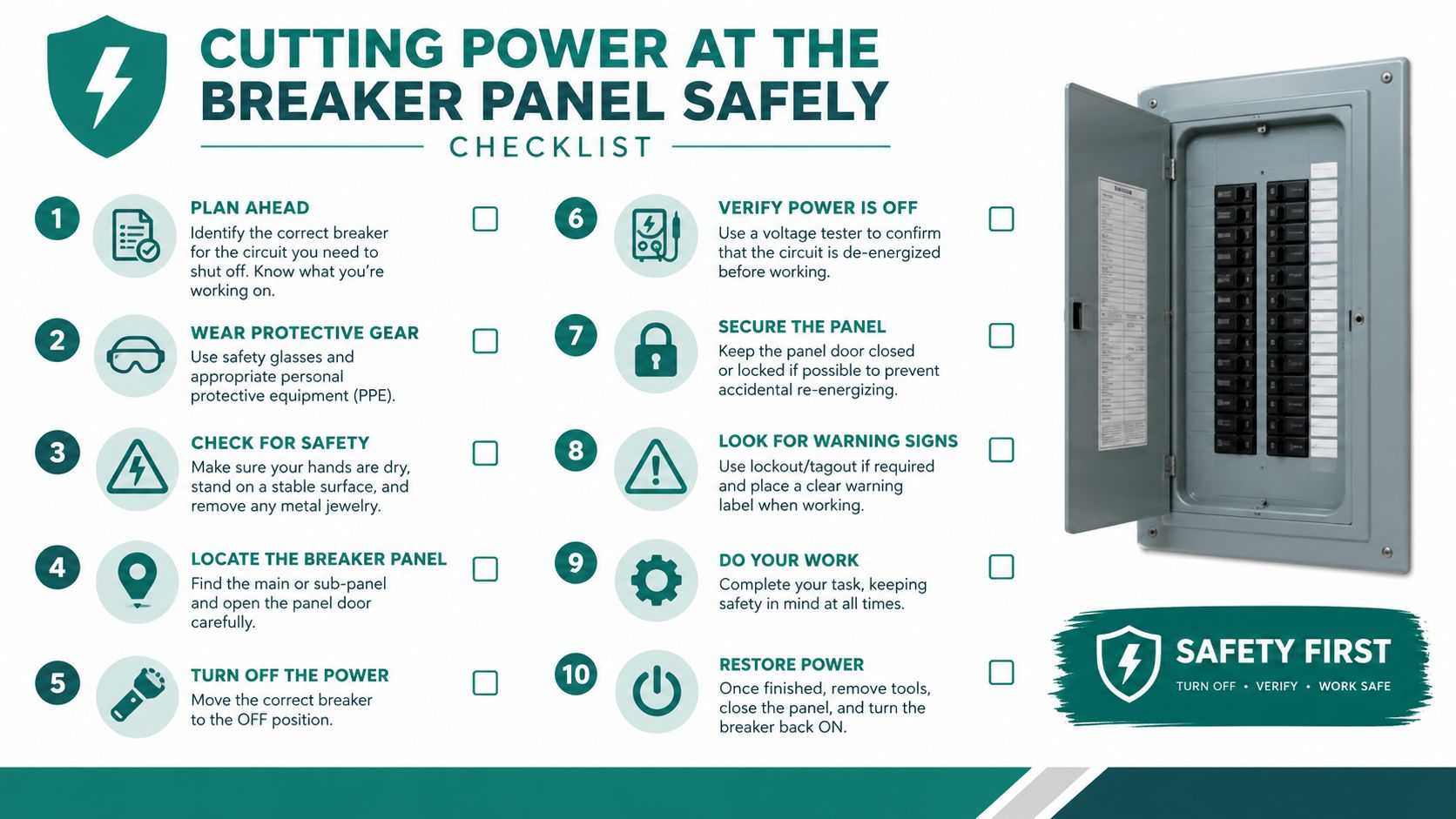 A safety checklist infographic for shutting off electrical power at a home breaker panel safely.