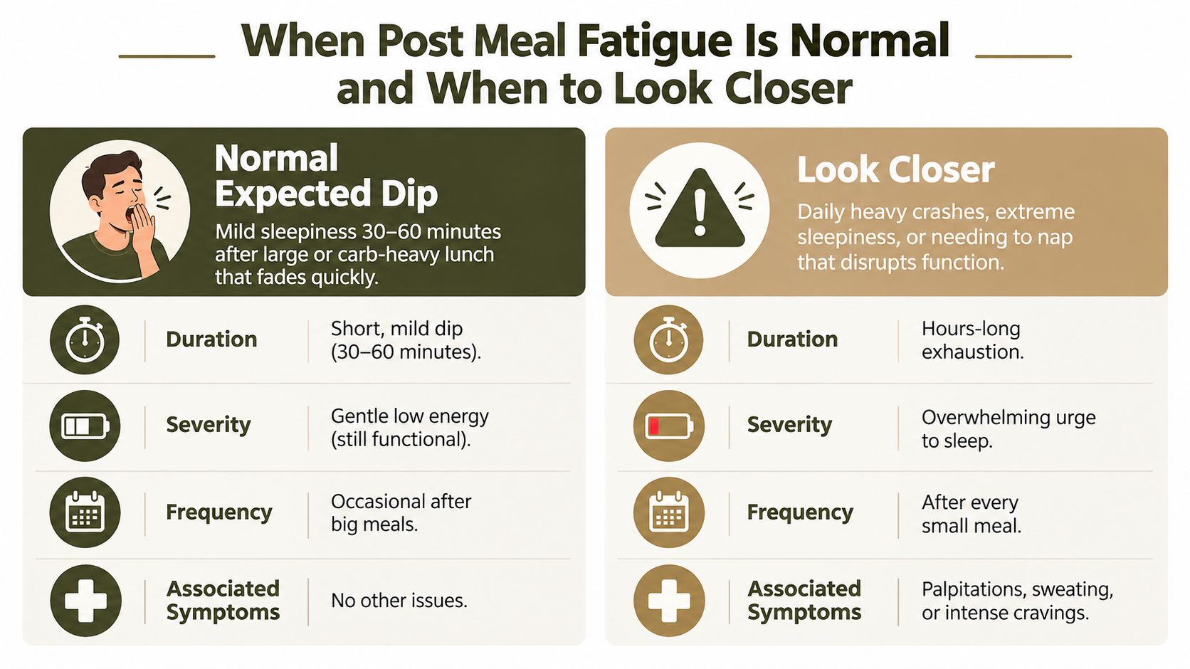 A comparison chart showing the difference between normal post-meal fatigue and signs requiring medical attention.