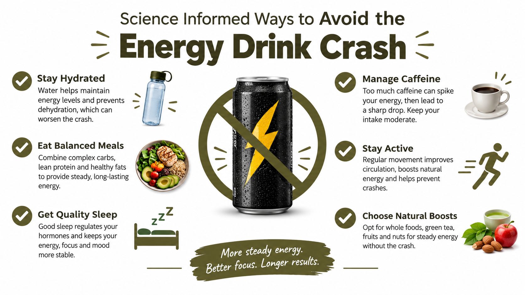 An infographic showing science-backed strategies to prevent the energy crash caused by consuming high-caffeine energy drinks.