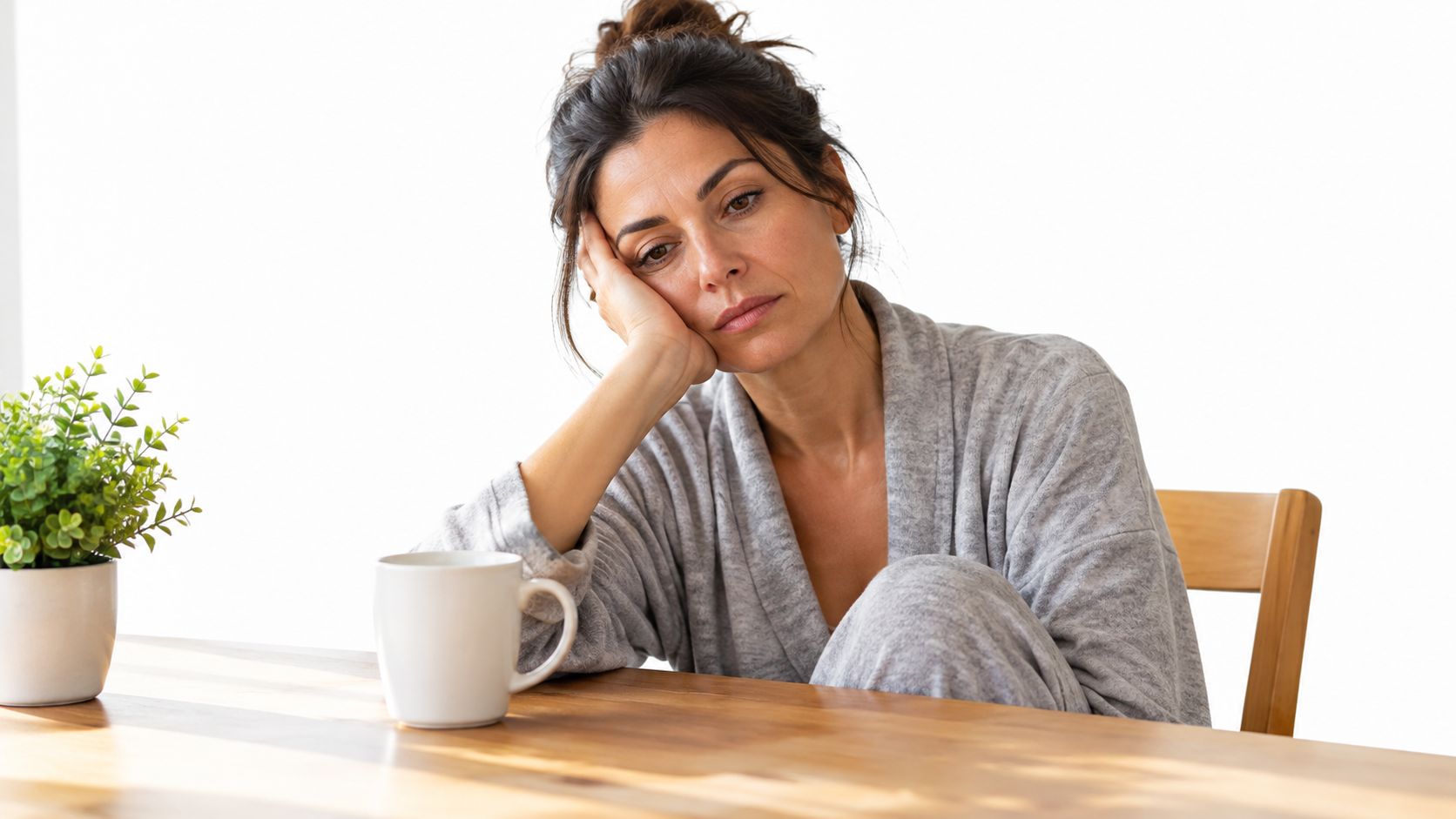 A tired-looking woman sitting at a table with a coffee mug, feeling exhausted and resting her head.
