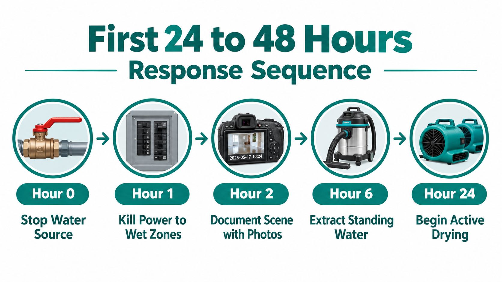 A five-step infographic illustrating the critical response sequence for water damage mitigation within the first 24 hours.