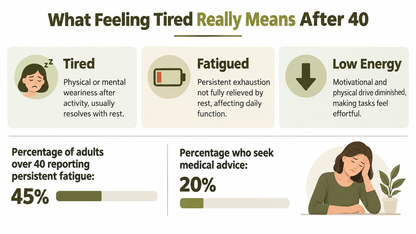 An infographic titled What Feeling Tired Really Means After 40, explaining the differences between being tired, fatigued, and low energy.