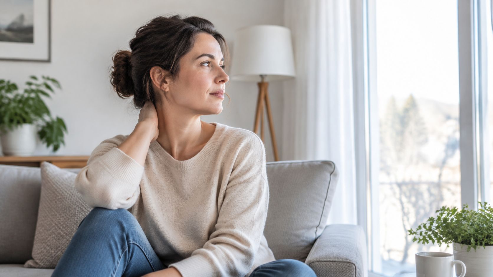 A woman sitting on a couch in a living room while holding her neck due to discomfort.