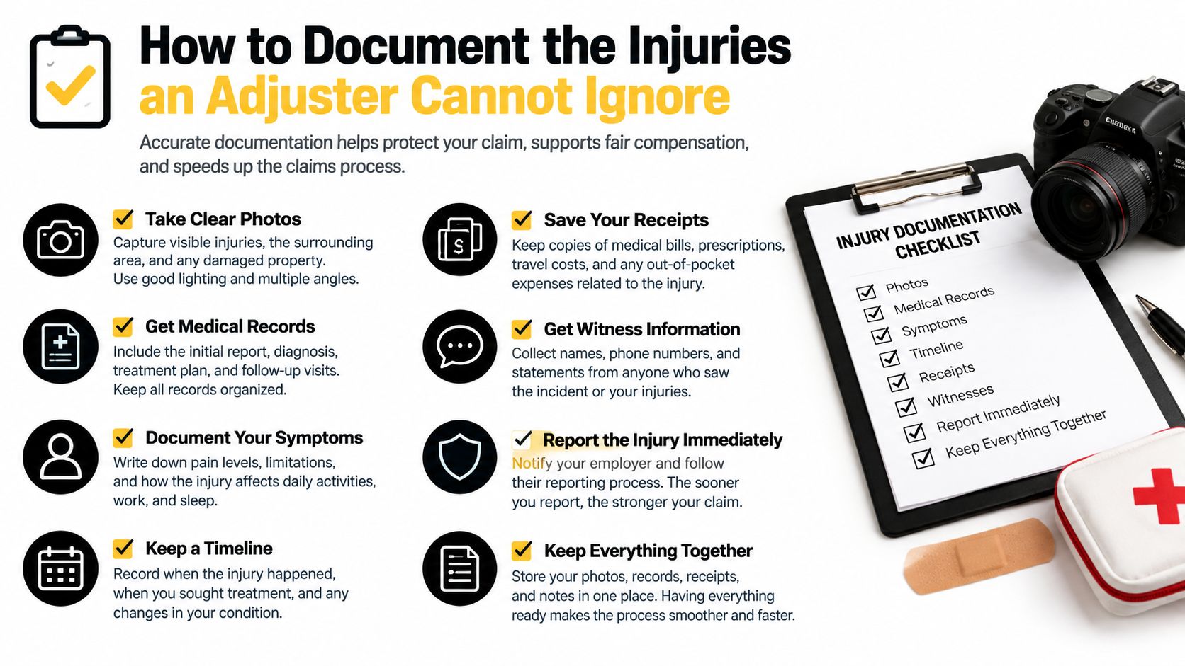 A checklist for documenting personal injury claims effectively to ensure fair compensation and a faster insurance process.