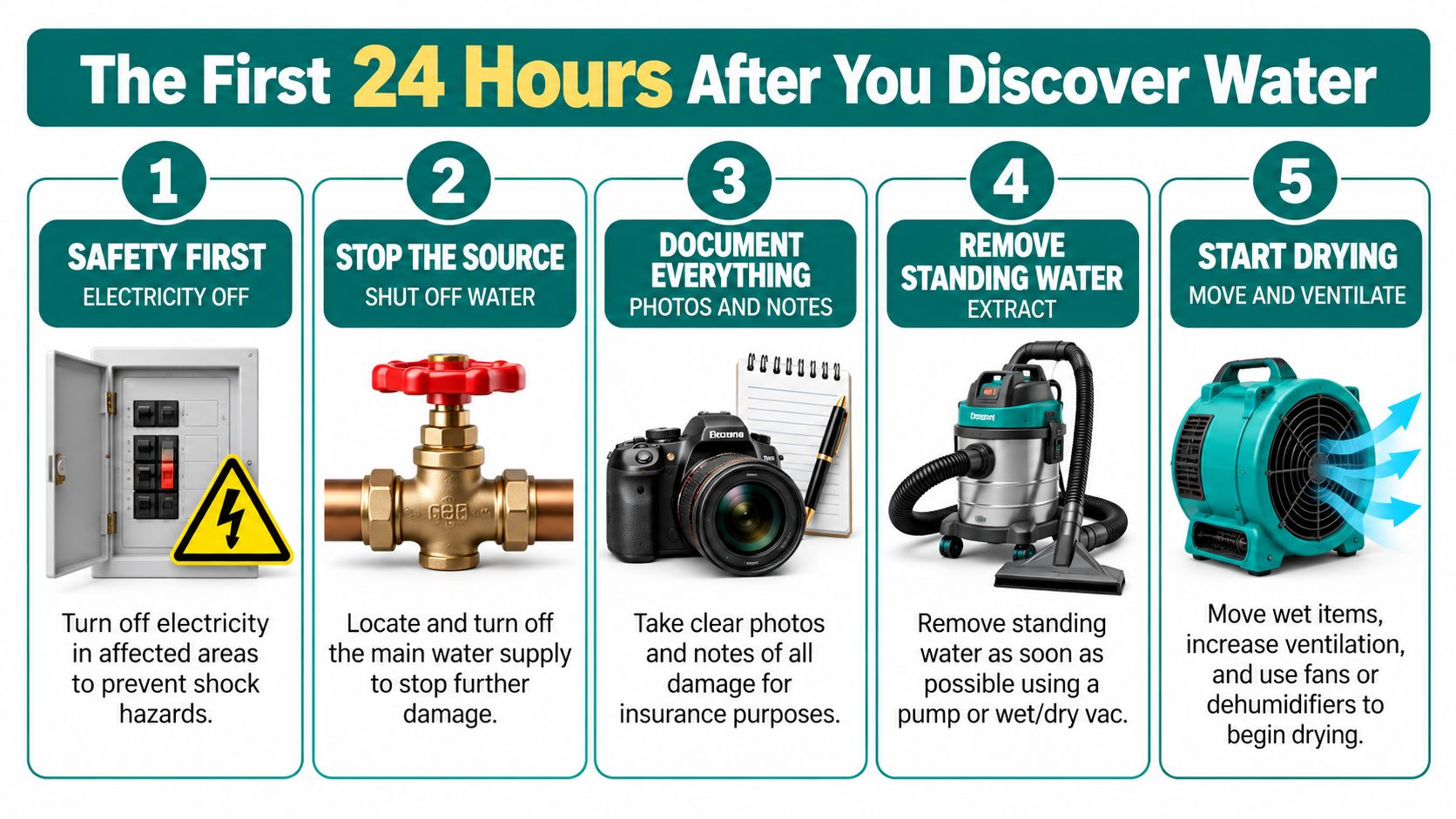 A 5-step infographic guide titled The First 24 Hours After You Discover Water showing necessary emergency response actions.