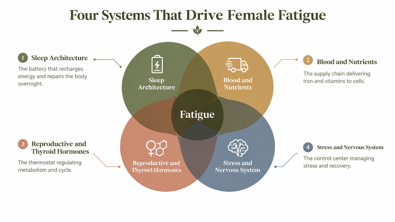 A four-part diagram illustrating the systems contributing to female fatigue, including sleep, nutrients, hormones, and stress.