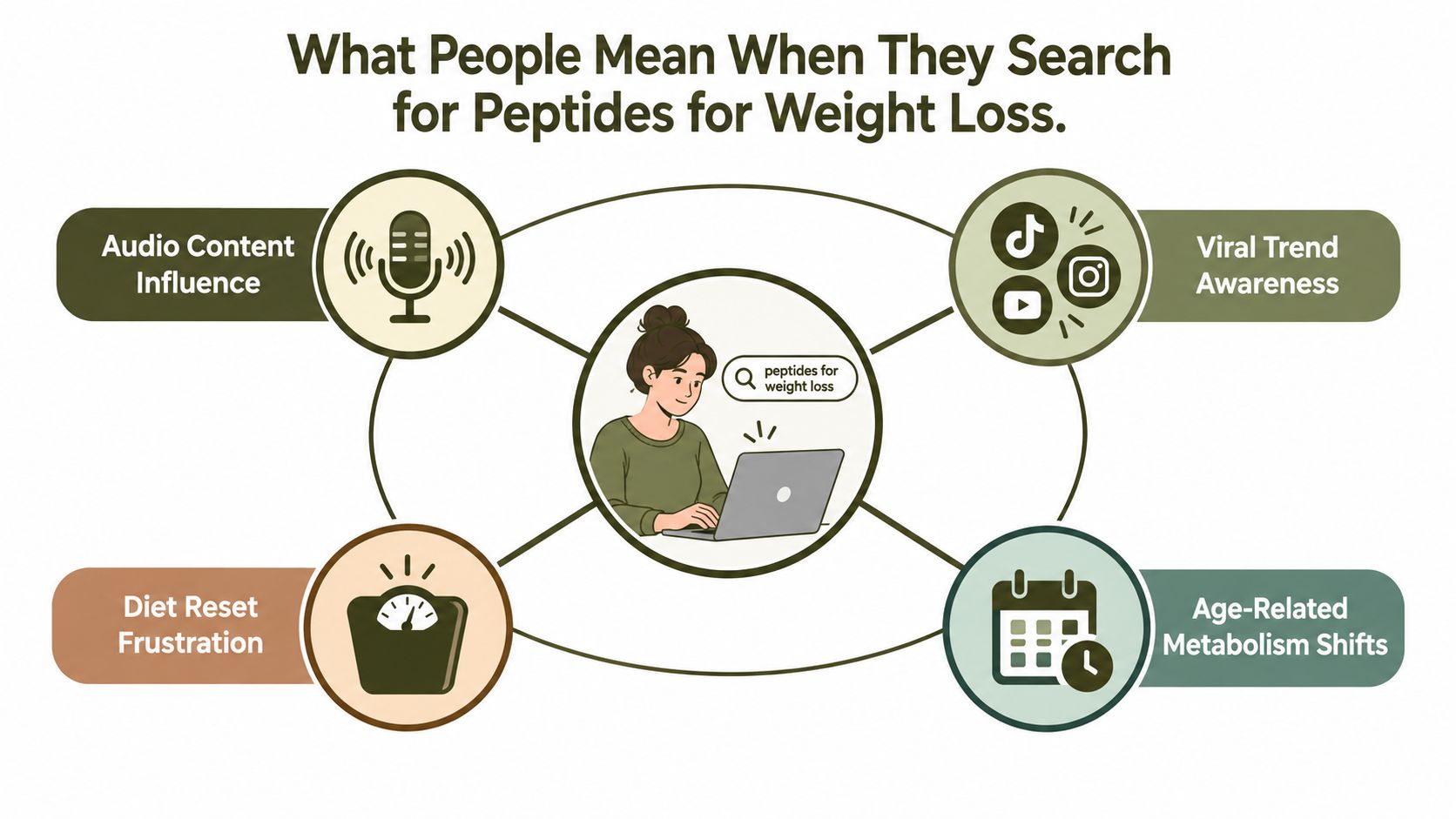 A diagram illustrating the reasons behind people searching for peptides for weight loss, including trends and frustration.