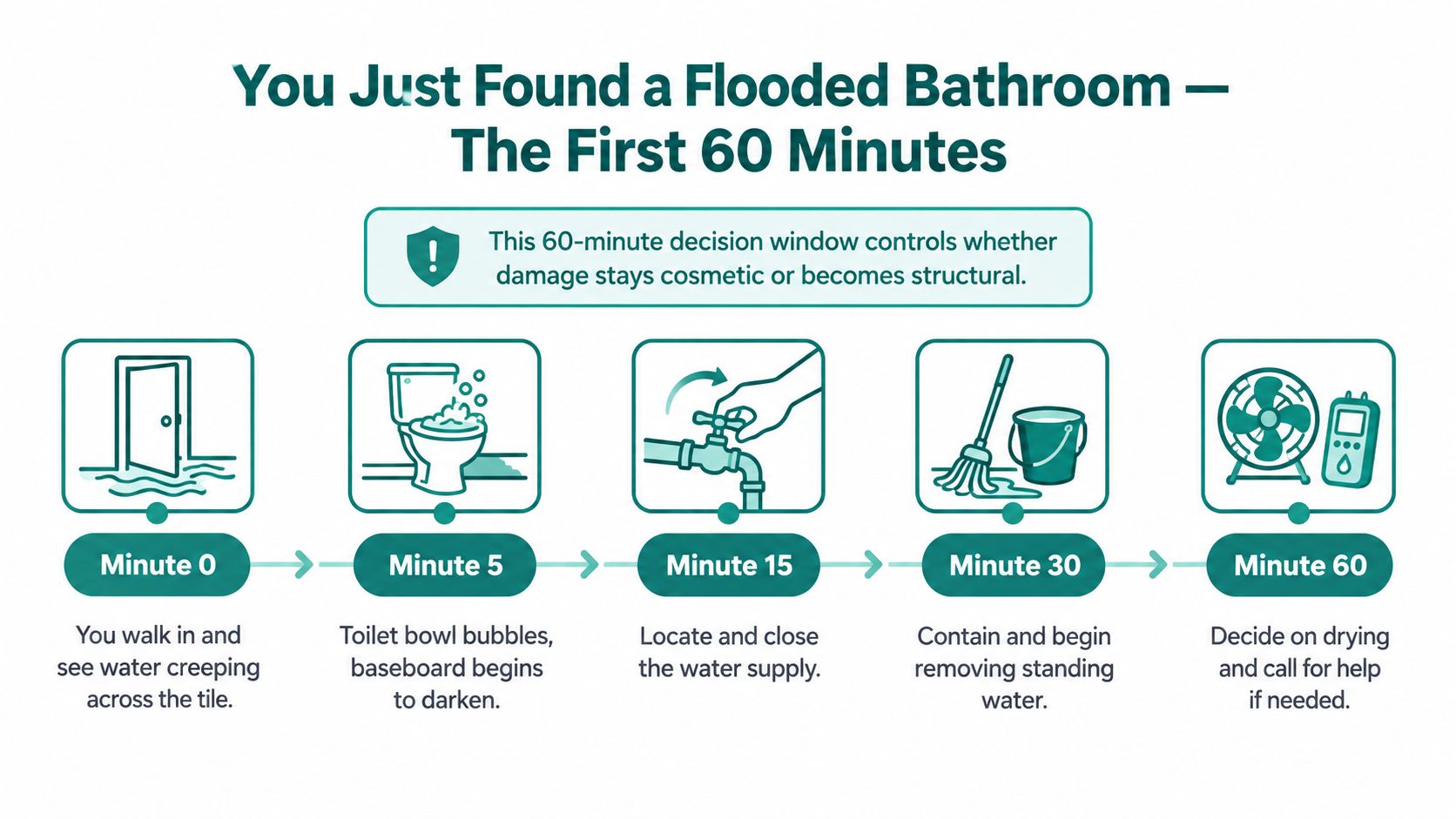 An infographic showing a timeline of five essential steps to take during the first 60 minutes after finding a flooded bathroom.