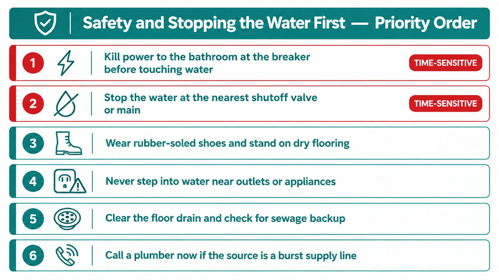 A safety checklist infographic titled Safety and Stopping the Water First showing six priority steps for handling bathroom flooding.