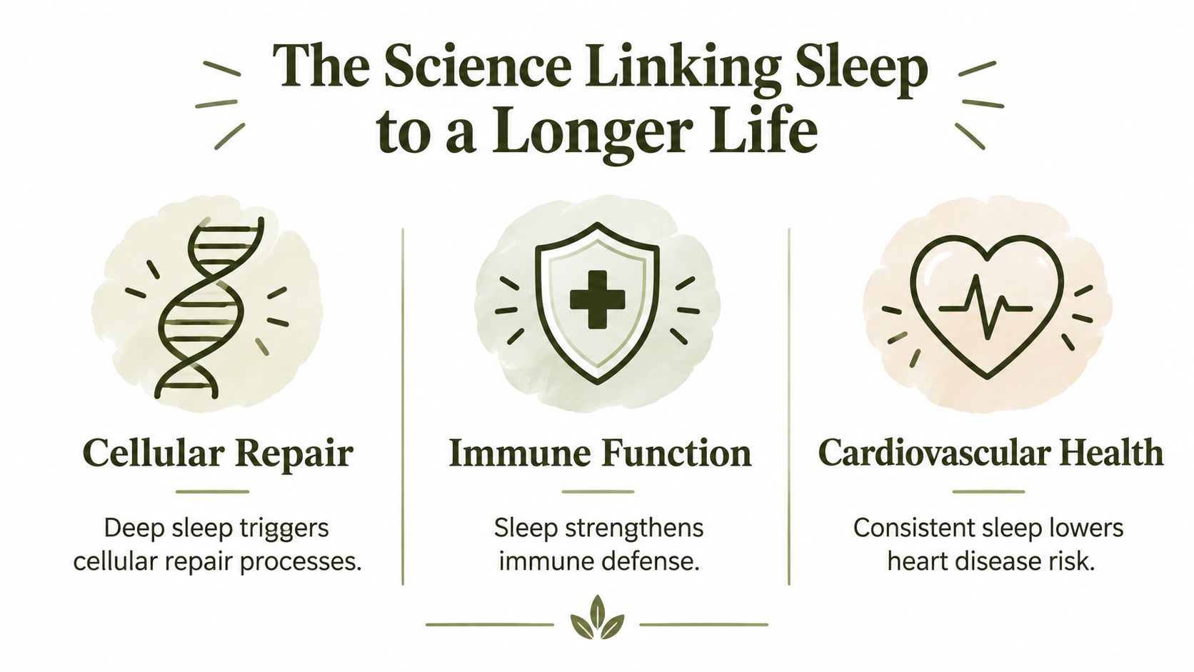 An infographic titled The Science Linking Sleep to a Longer Life, showing icons for cellular repair, immune function, and cardiovascular health.
