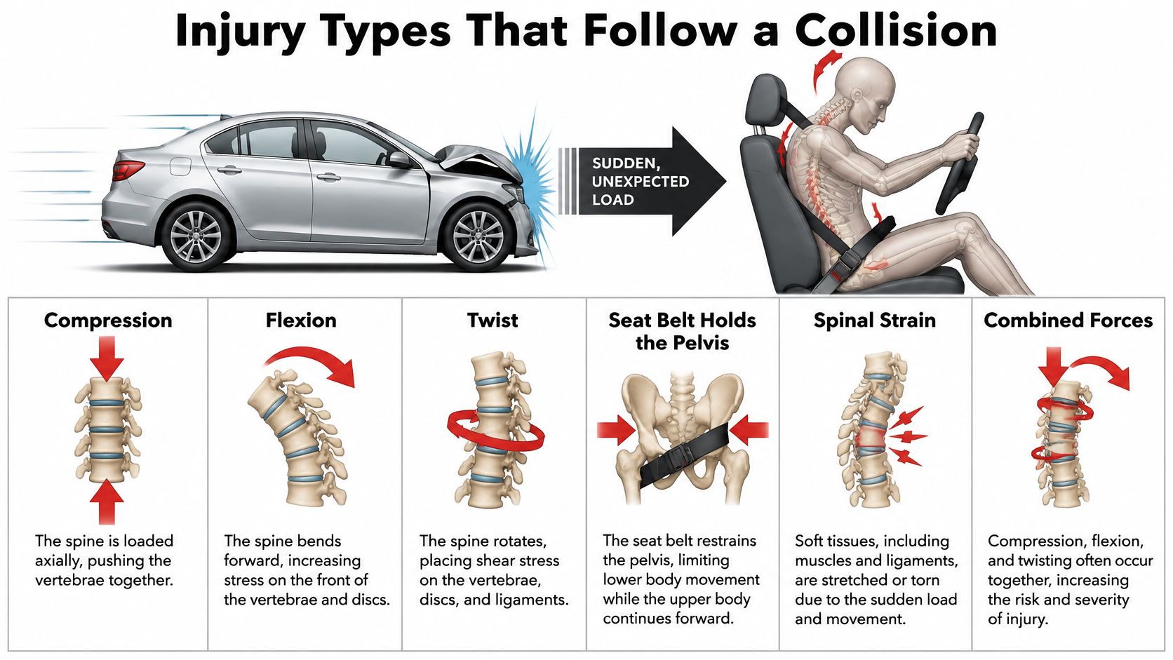 A diagram illustrating various spinal injury types like compression and flexion that occur during a car collision.
