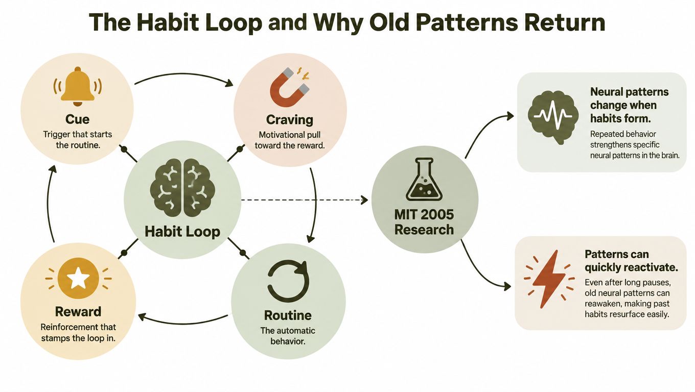 An educational infographic illustrating the four stages of the habit loop and why old patterns return.