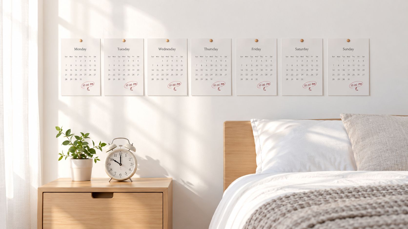 Seven daily wall calendars hanging above a bedroom nightstand with a plant and an analog clock.