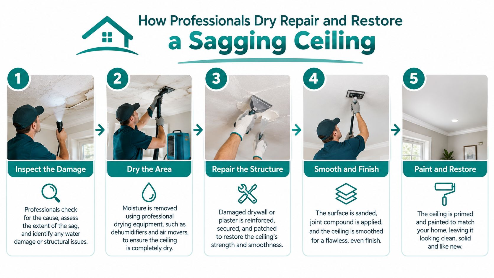 An infographic showing the five steps professionals take to repair and restore a damaged sagging ceiling.