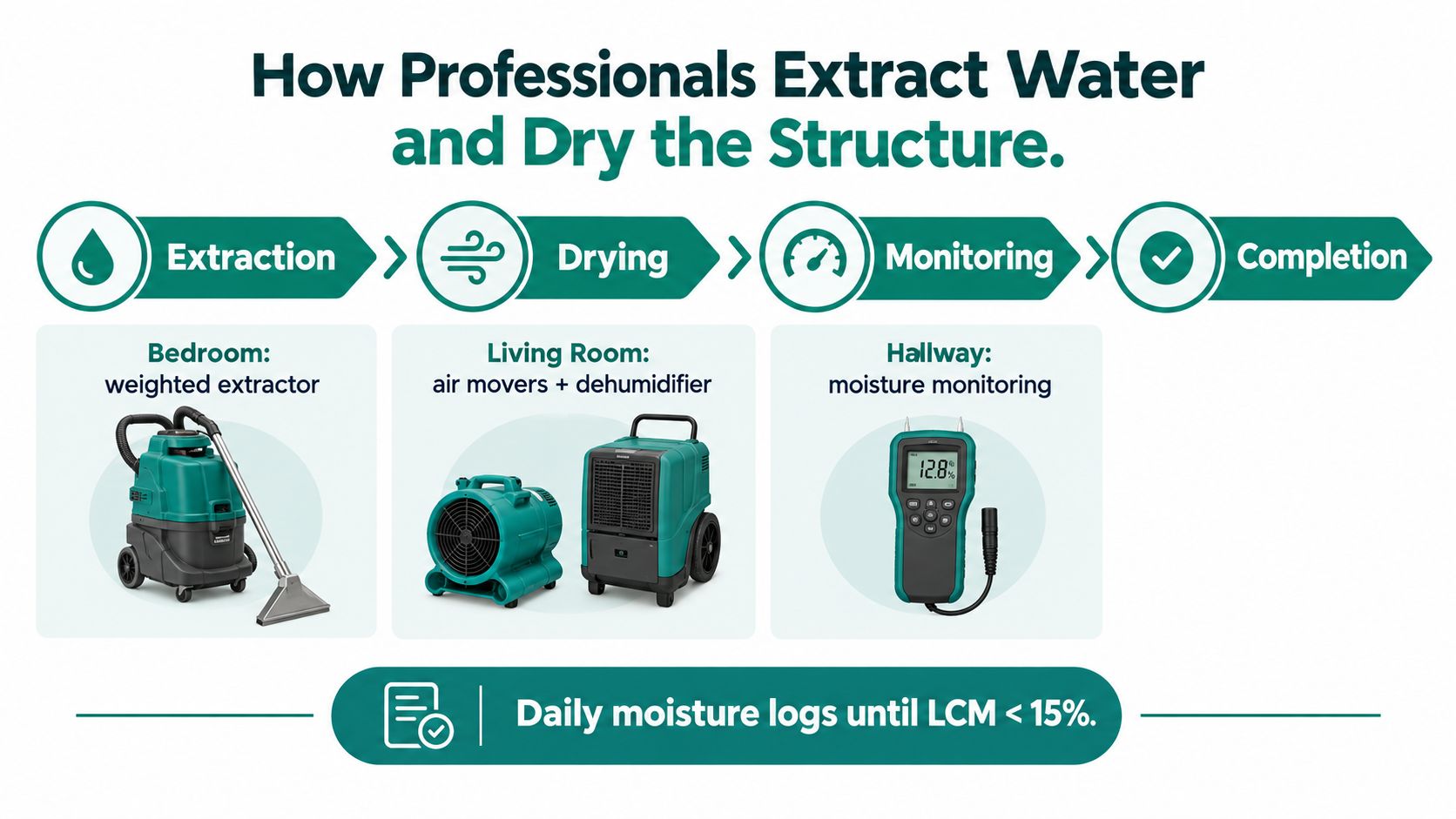 A professional water damage mitigation process diagram showing extraction, drying, monitoring, and project completion steps.