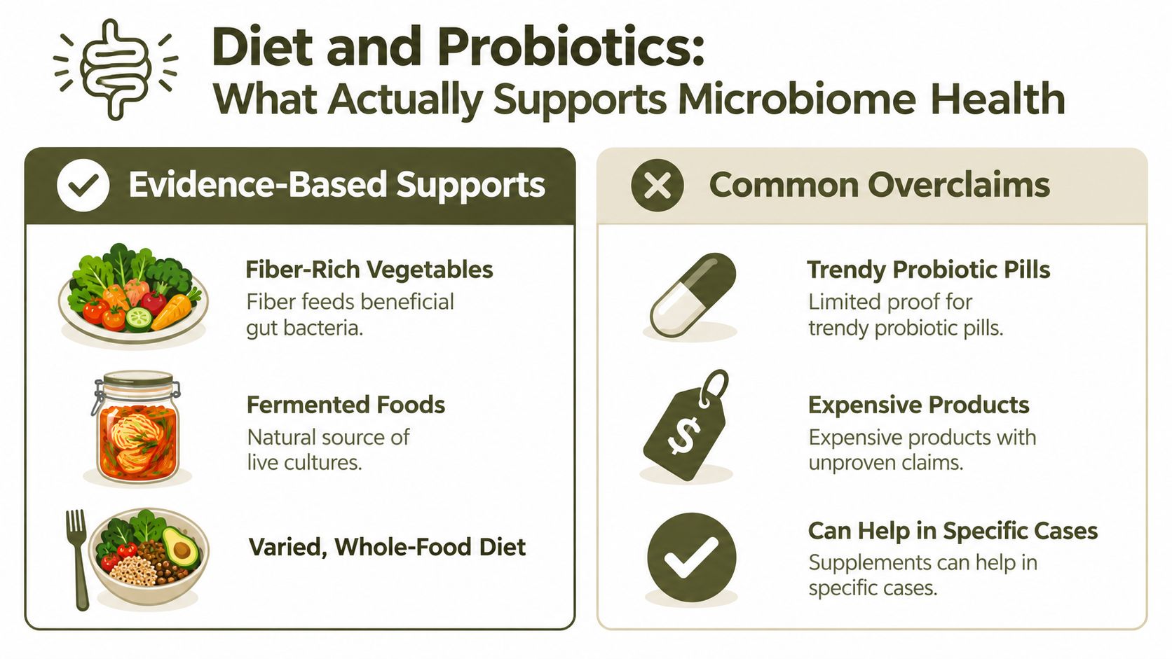 An infographic comparing evidence-based diet tips for gut health versus common overclaims about probiotic supplements.
