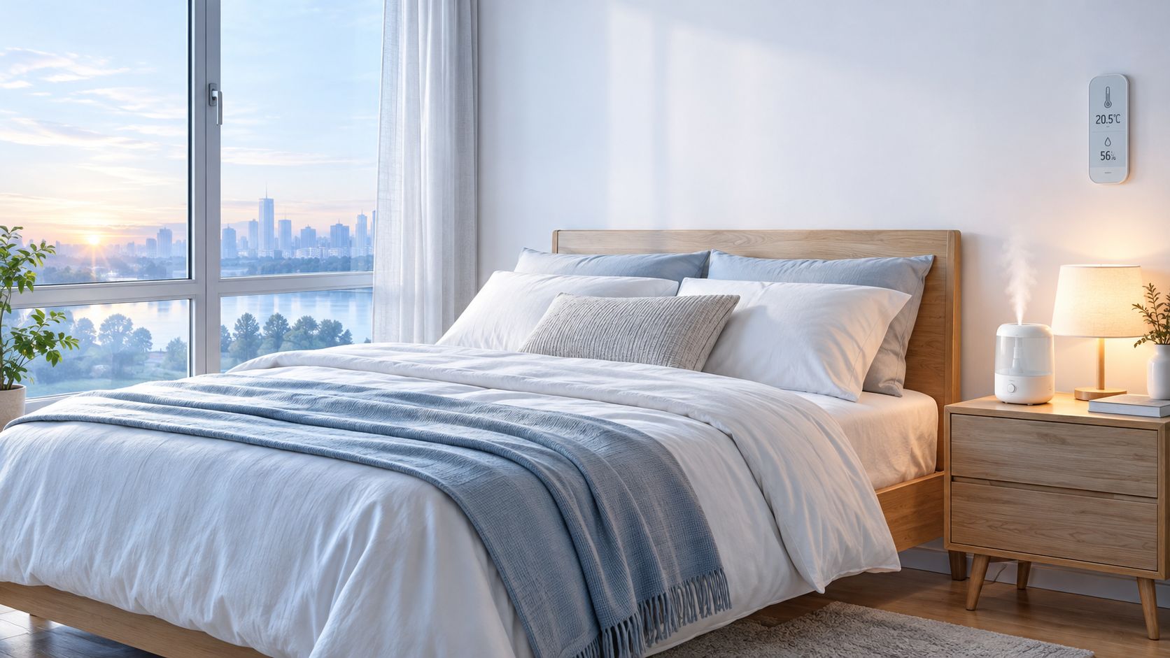 A cozy, modern bedroom featuring a bed with white and blue bedding overlooking a city sunset view.