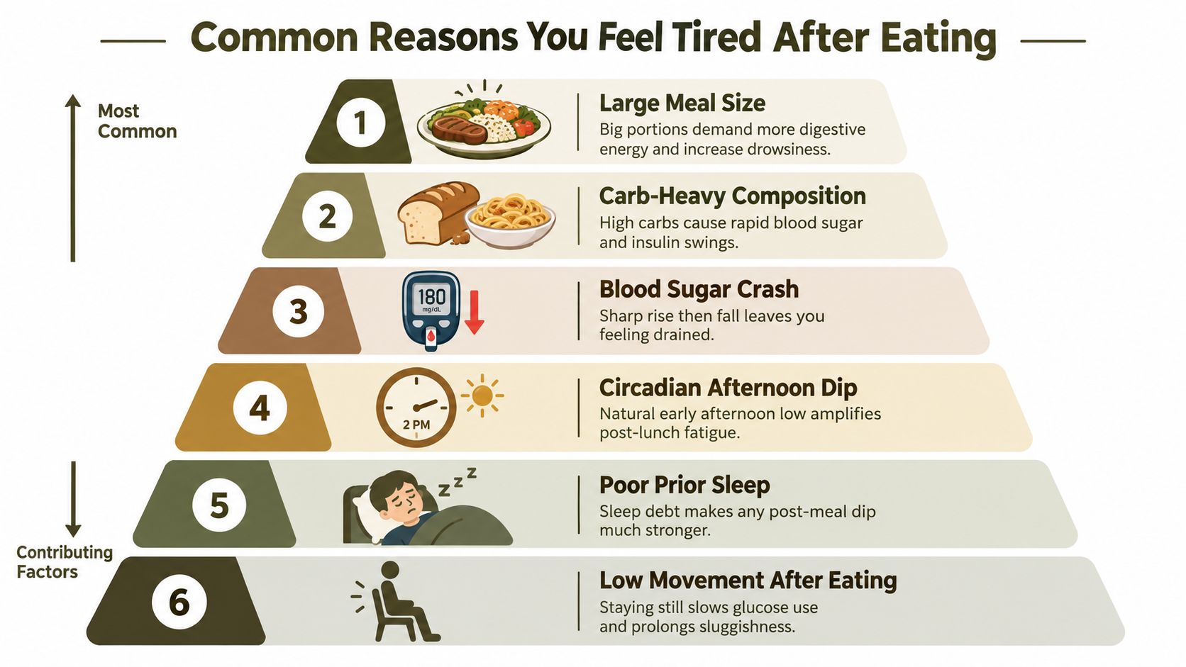 A pyramid infographic listing the six most common reasons people experience fatigue after consuming a meal.