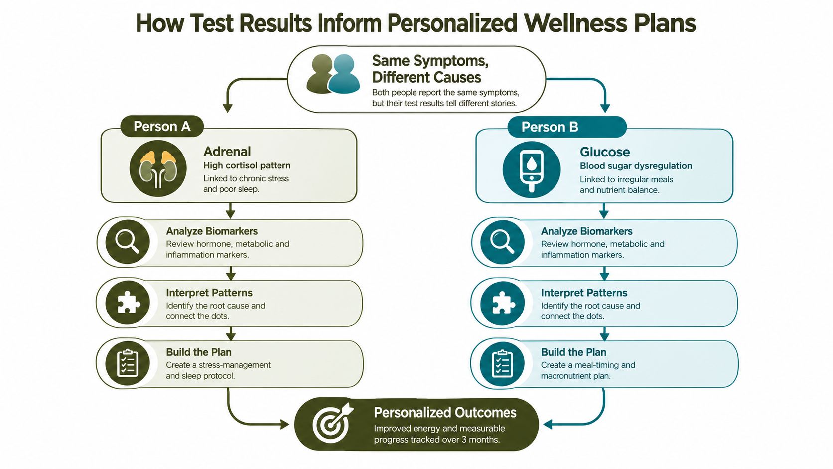 An infographic showing how personalized wellness plans are developed based on individual test results for health optimization.