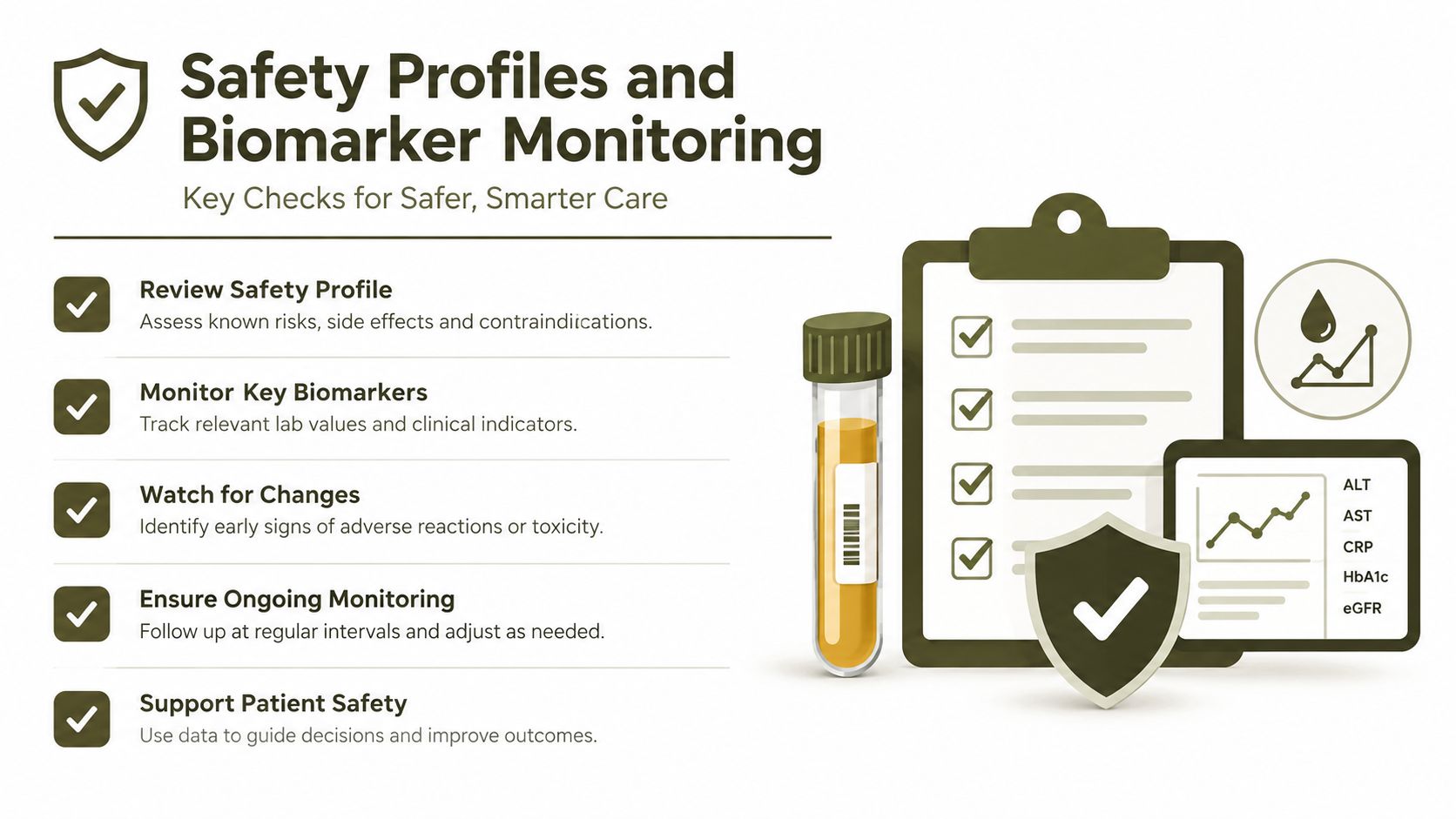 A safety and medical monitoring infographic highlighting steps to track patient biomarkers for safer, smarter healthcare outcomes.