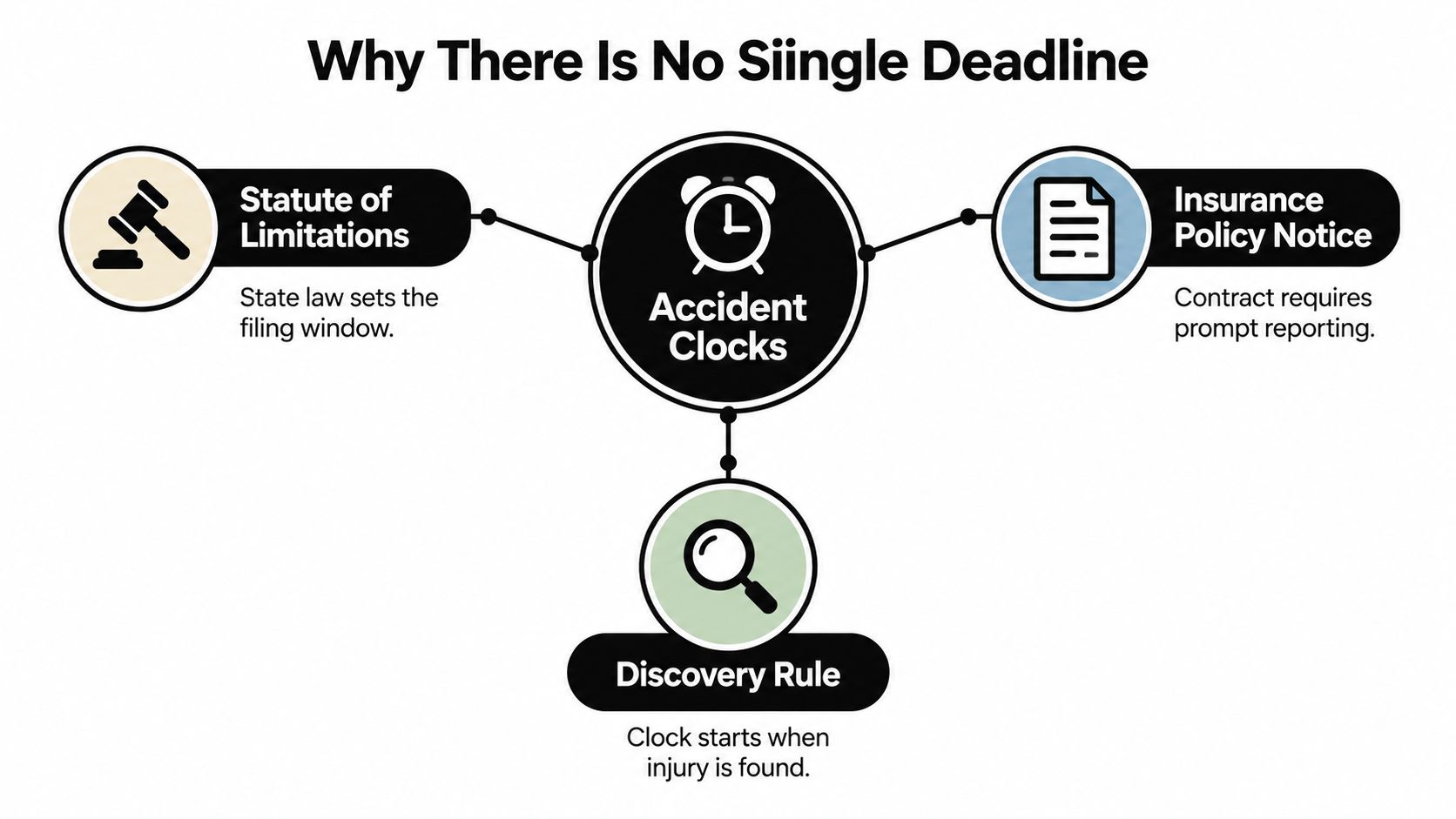 A diagram explaining factors that affect accident claim deadlines, including statutes of limitations, insurance notices, and discovery rules.