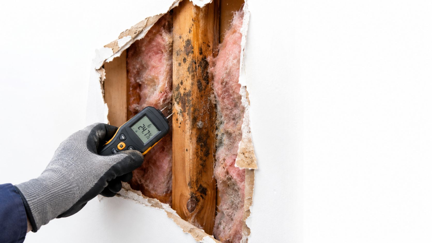 A gloved hand uses a moisture meter on a moldy wooden stud inside a wall cavity.