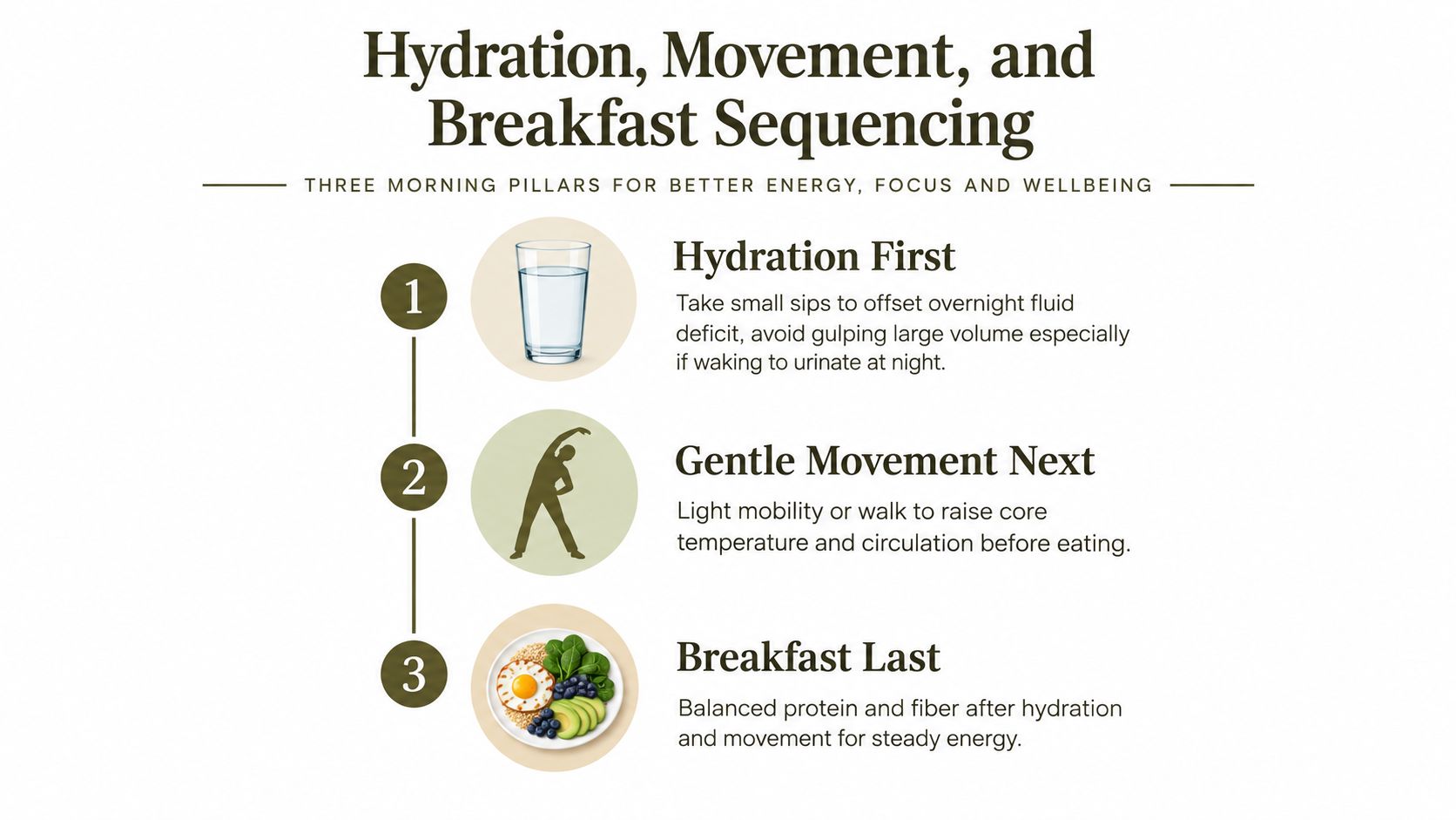 An infographic titled Hydration, Movement, and Breakfast Sequencing showing three morning steps for better energy.