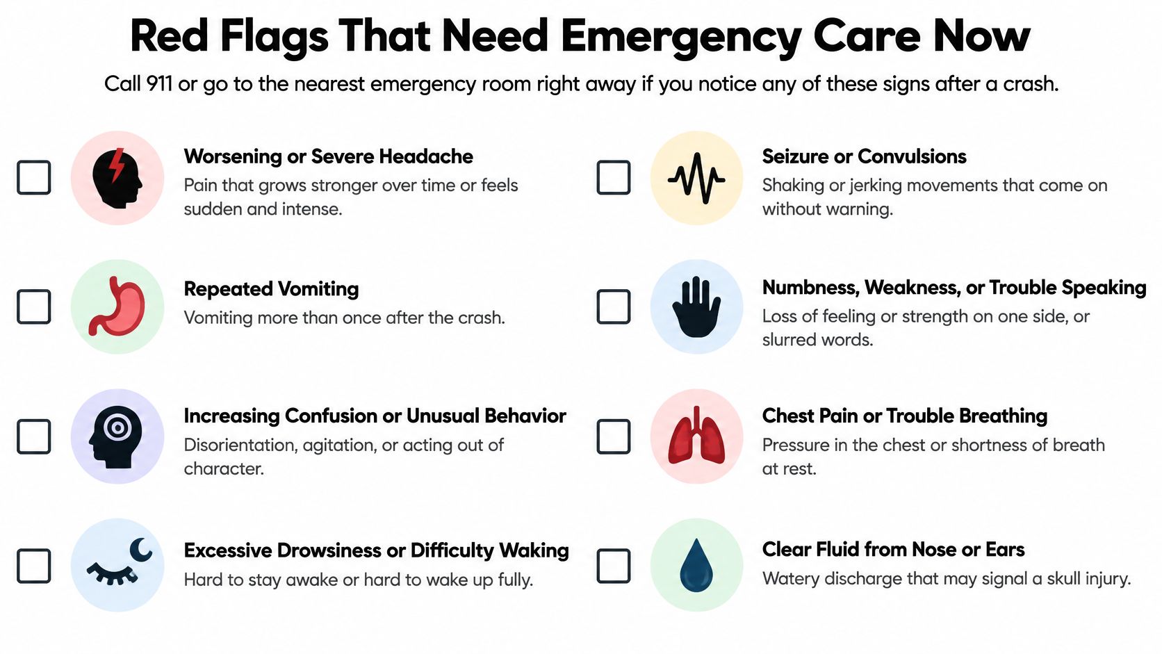 A checklist of emergency red flag symptoms indicating the need for immediate medical care after a car crash.