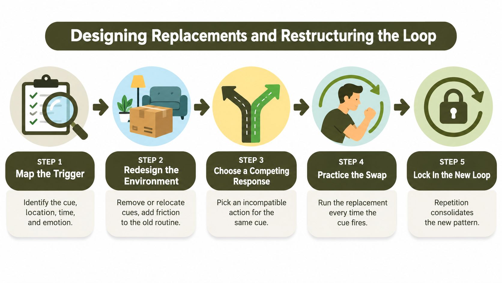 A five-step infographic showing how to design habit replacements and restructure the loop for breaking bad habits.