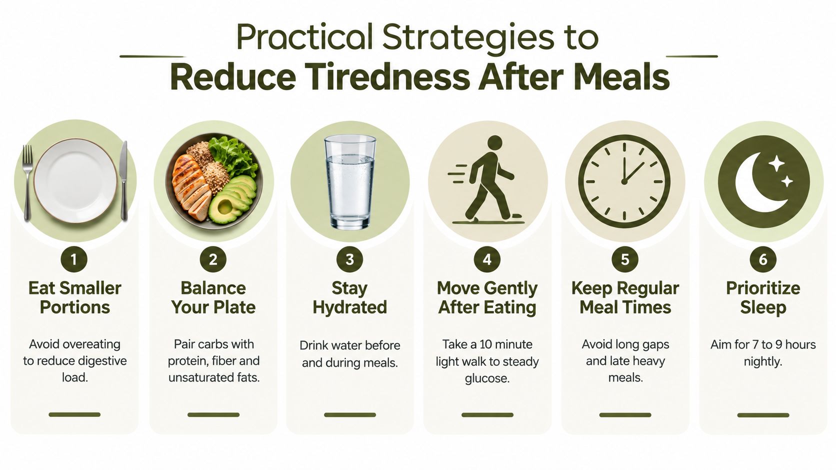 An infographic showing six practical strategies to reduce tiredness after meals with accompanying icons for each.