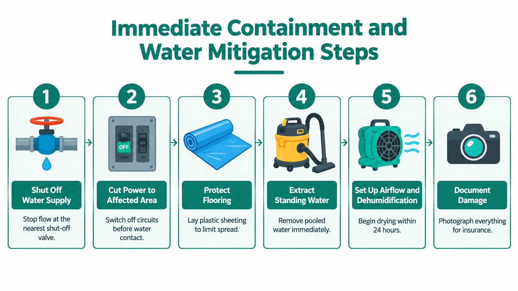 A six-step infographic guide illustrating immediate containment and water mitigation actions for home water leaks.