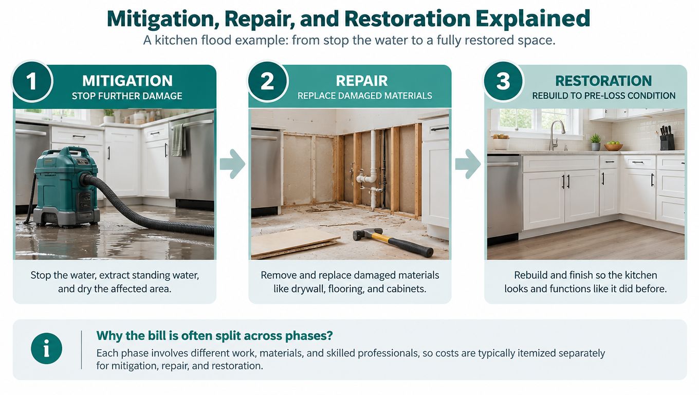 A diagram illustrating the three phases of flood damage recovery: mitigation, repair, and restoration in a kitchen.