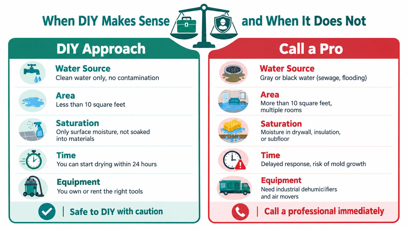 An infographic comparing when to perform DIY water damage cleanup versus calling professional restoration experts.