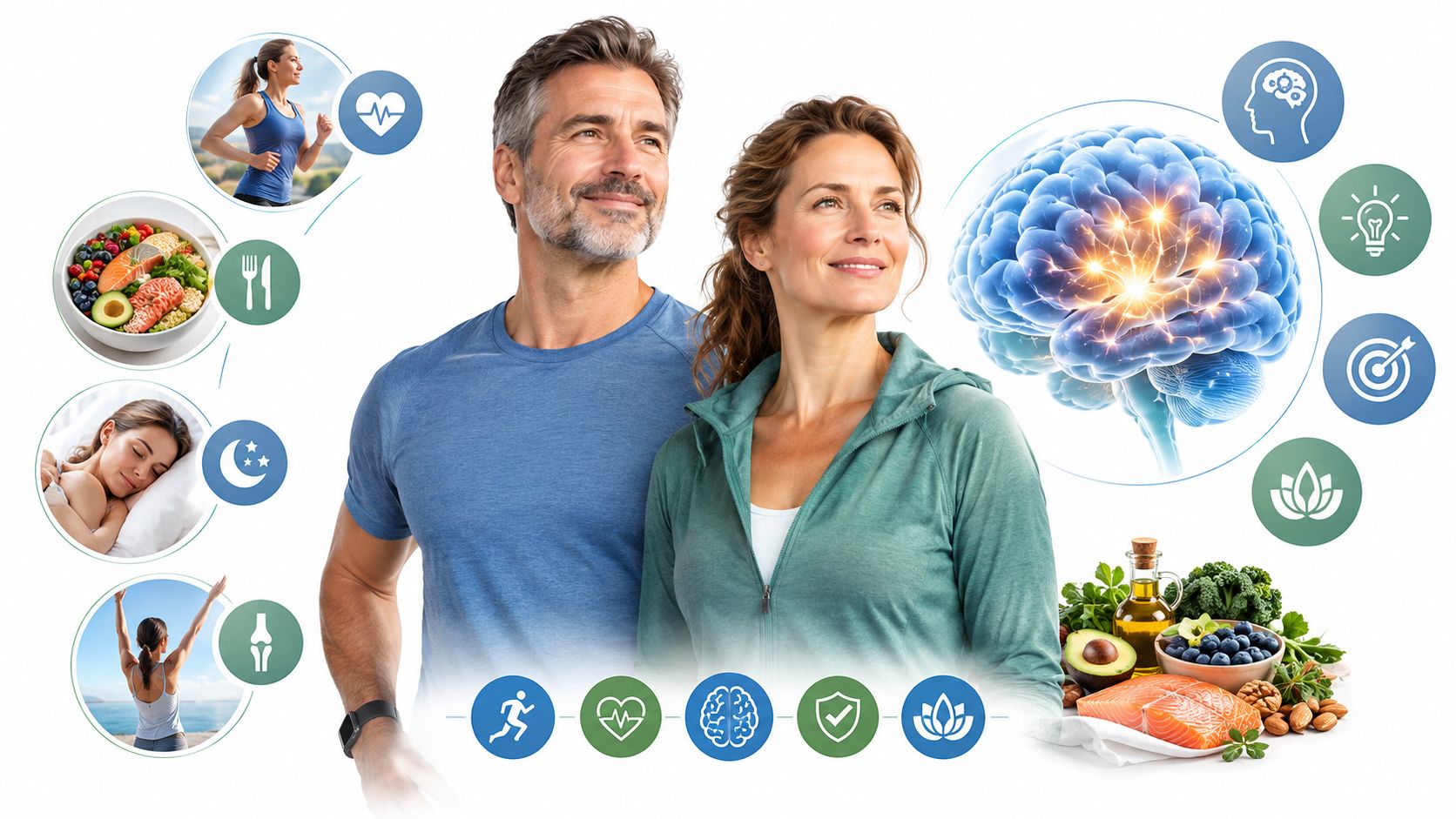 A healthy couple surrounded by icons representing nutrition, sleep, exercise, and brain health for wellness awareness.