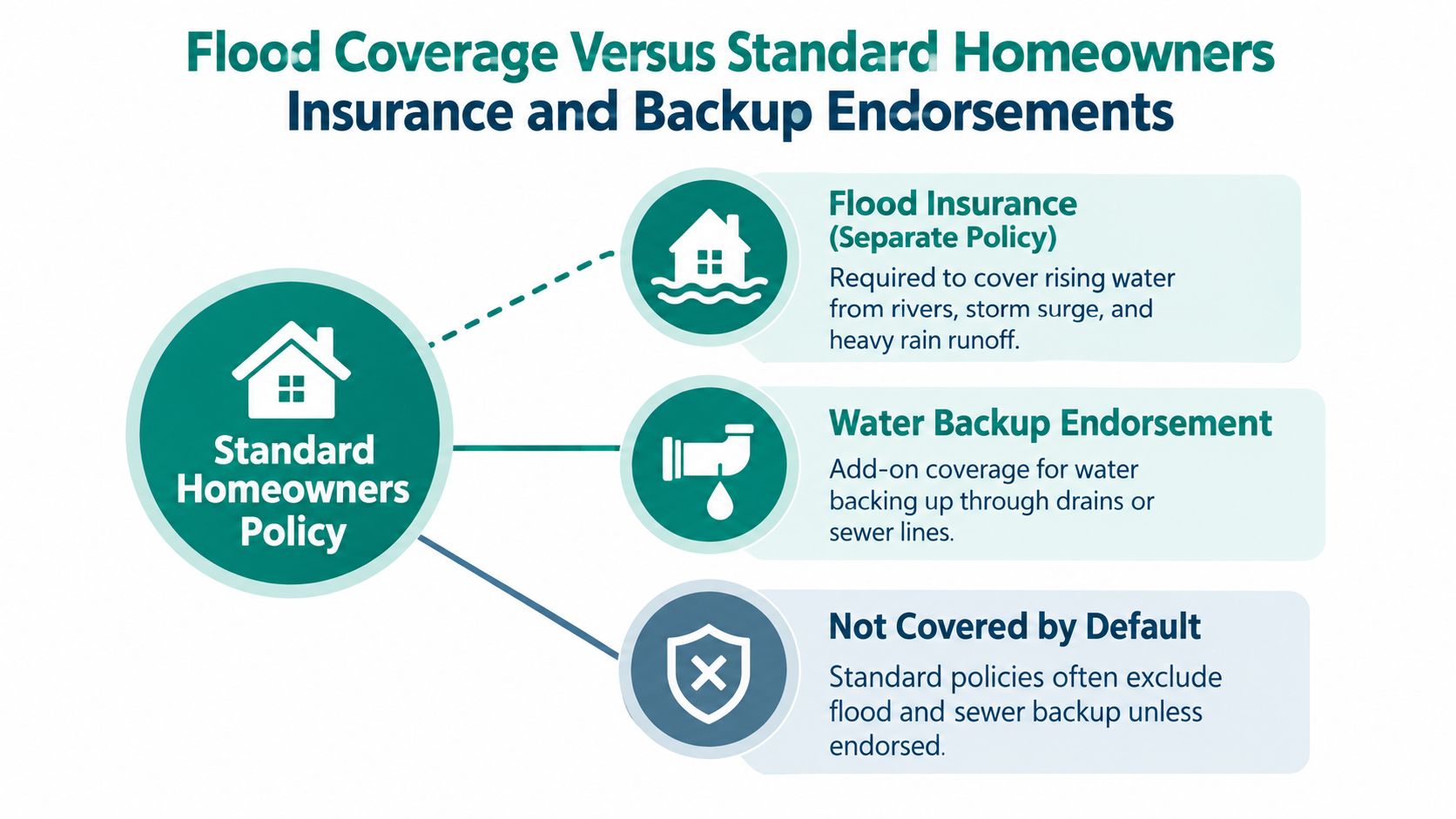 An infographic showing the difference between flood insurance, water backup endorsements, and standard homeowners insurance coverage policies.