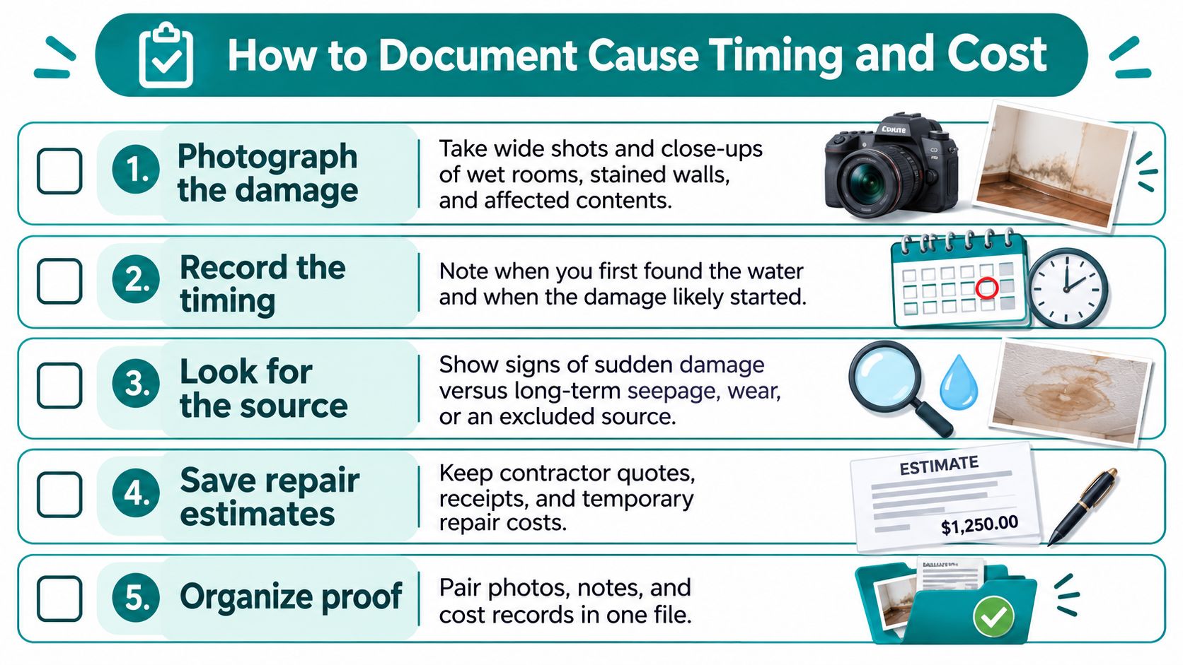 A five-step instructional guide on documenting evidence for a water damage insurance claim, including photography and receipts.