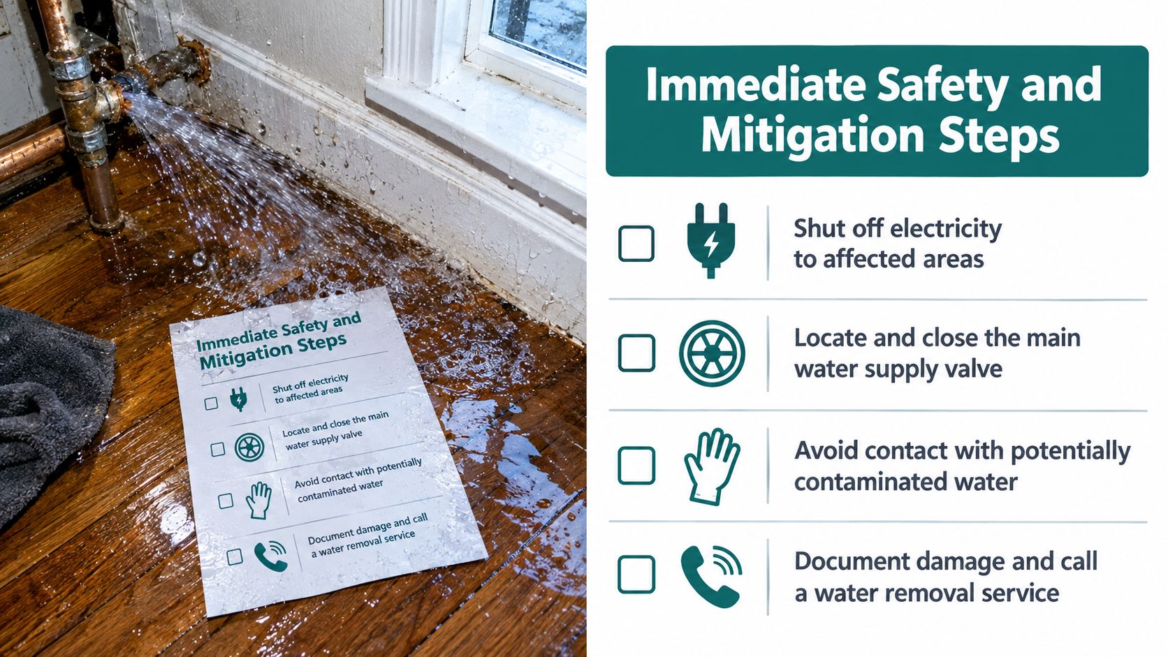 A checklist for immediate safety and mitigation steps during a residential water pipe burst emergency.