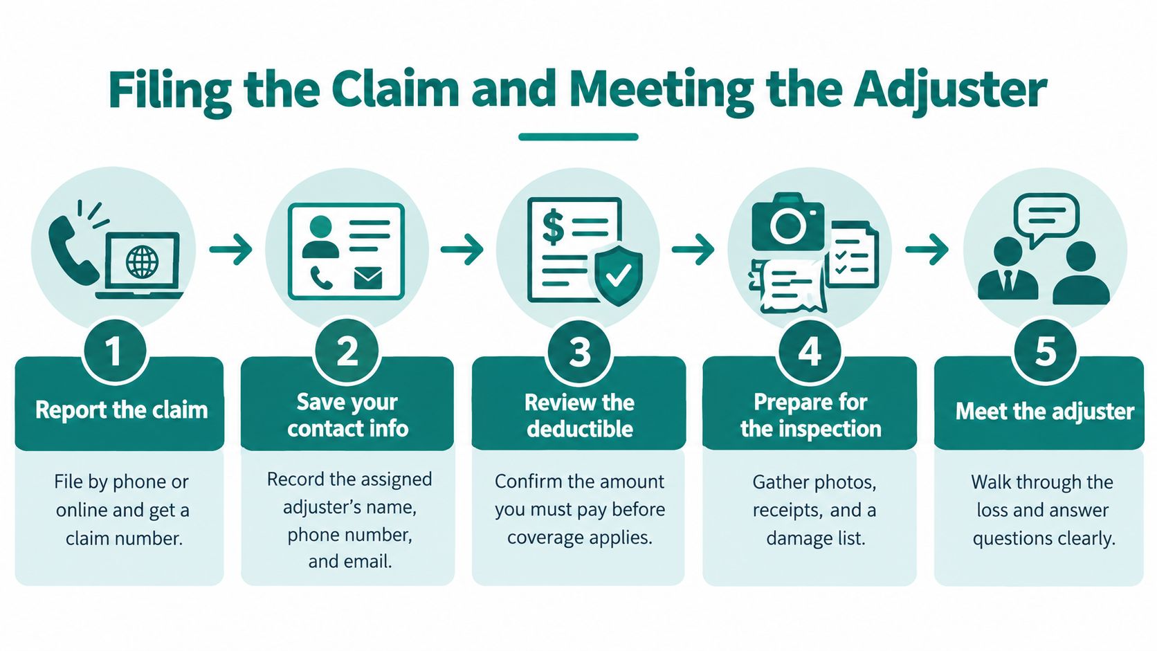 A five-step infographic showing the process of filing an insurance claim and meeting with an adjuster.
