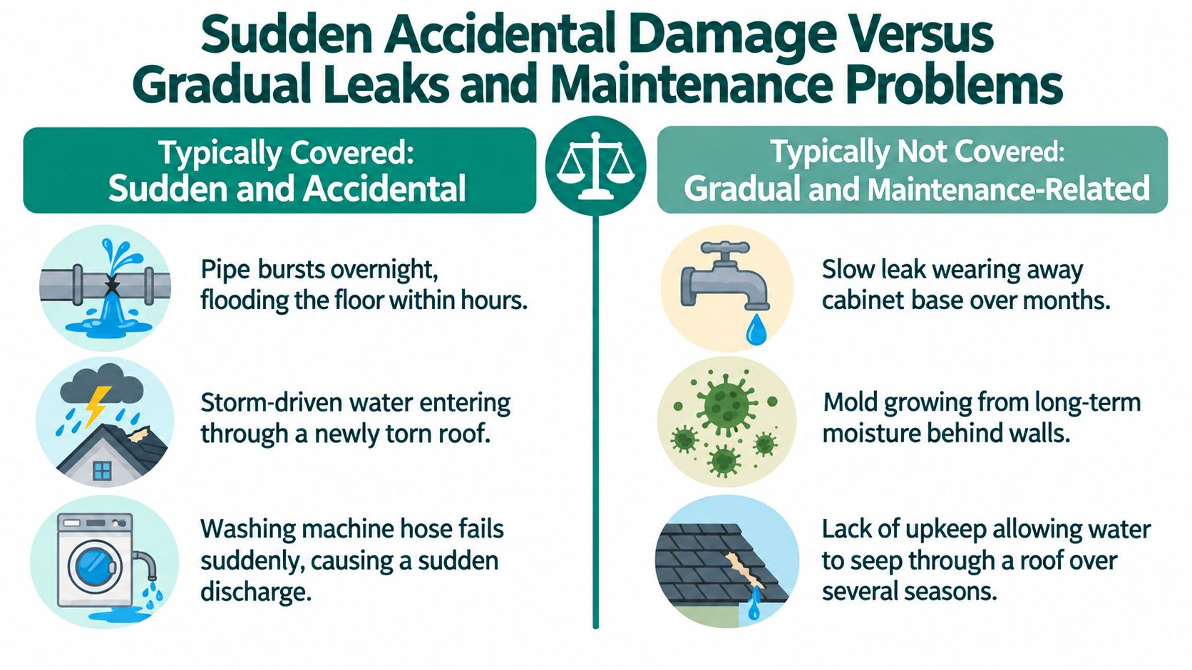 An infographic illustrating the difference between sudden water damage versus gradual maintenance issues in insurance policies.
