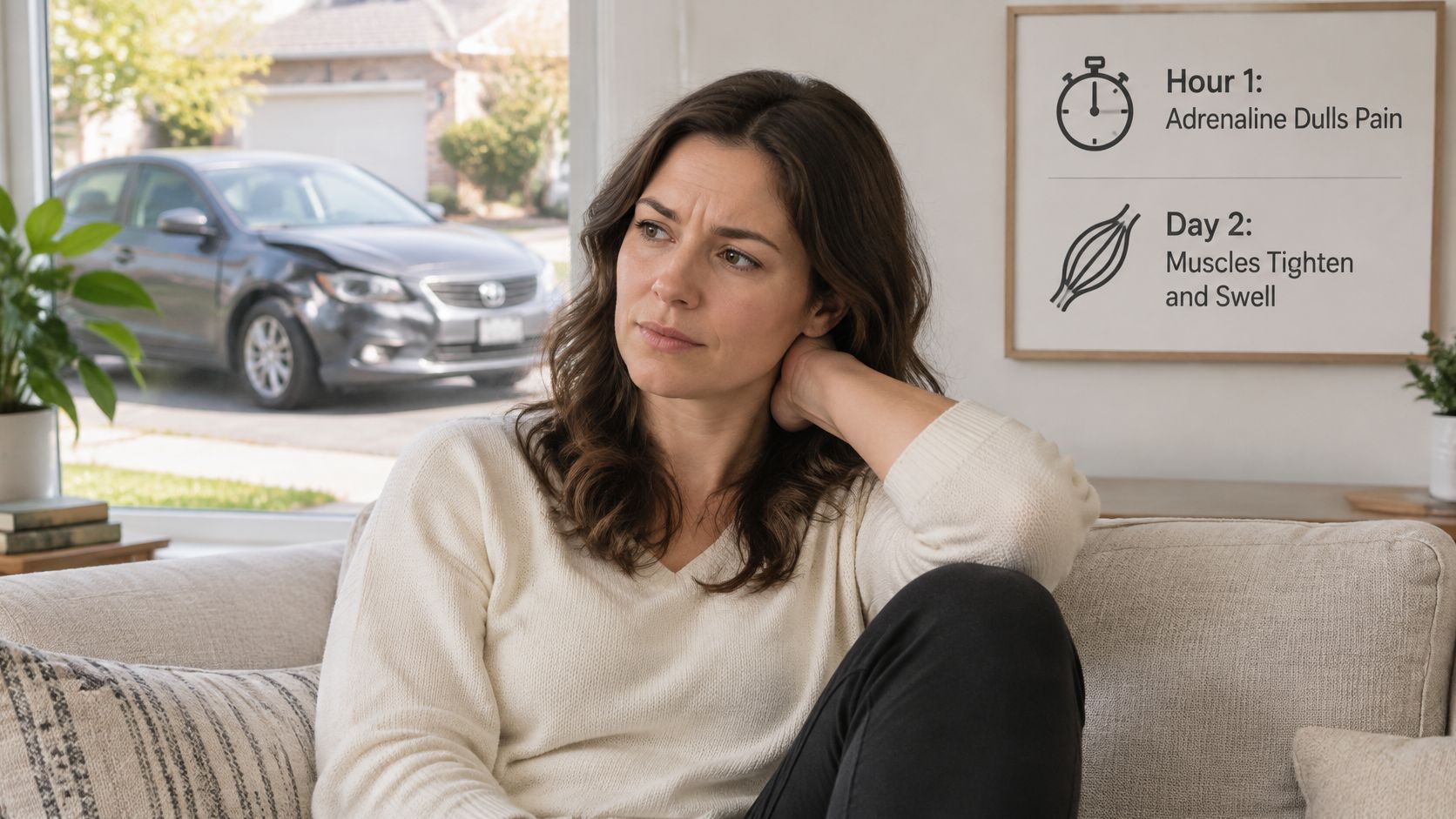 A woman sitting on a couch after a car accident, reflecting on potential delayed injury symptoms.